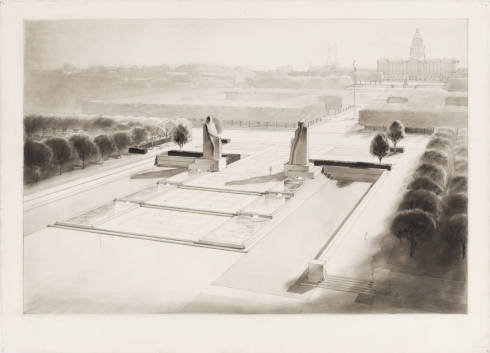 This item (1 of an extensive collection) is from Burnham Hoyt's Architectural Records 1915-1956 collection (C MSS WH1188). This drawing is a rendering proposition of Civic Center, Denver, Colorado. (19--)
