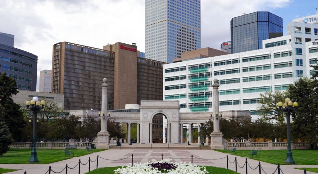 Voorhies Memorial with Denver skyline in background