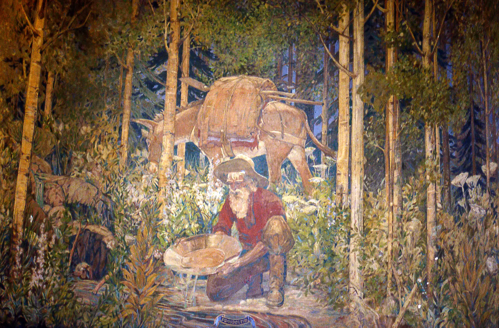 prospector-allen-true Painting of a bearded man crouching down and panning for gold in a thick forest. A horse is behind him with a large pack on its back.